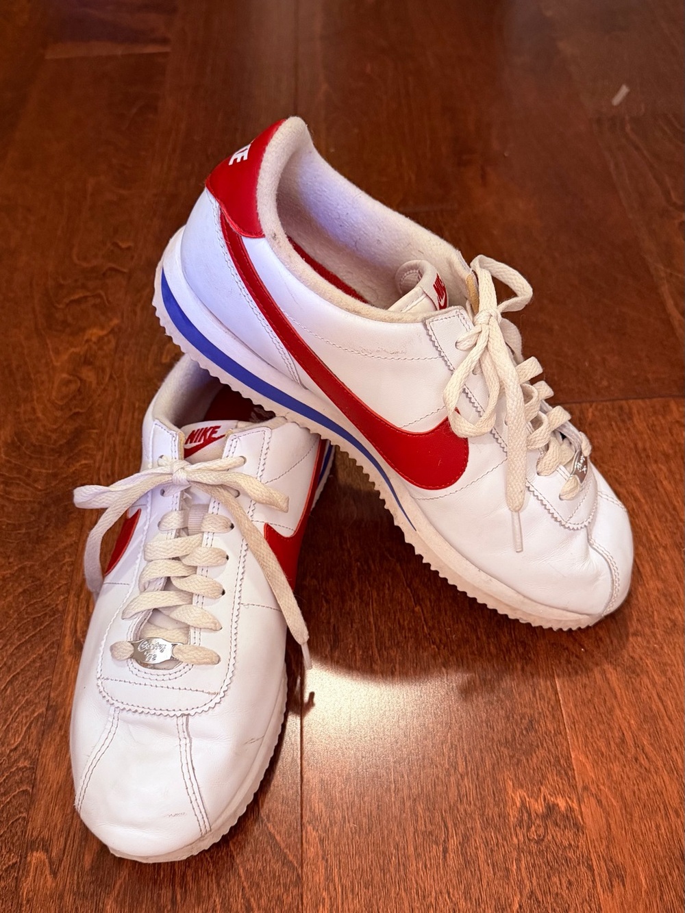 Nike White Sneakers with Red Swoosh and Blue Stripe